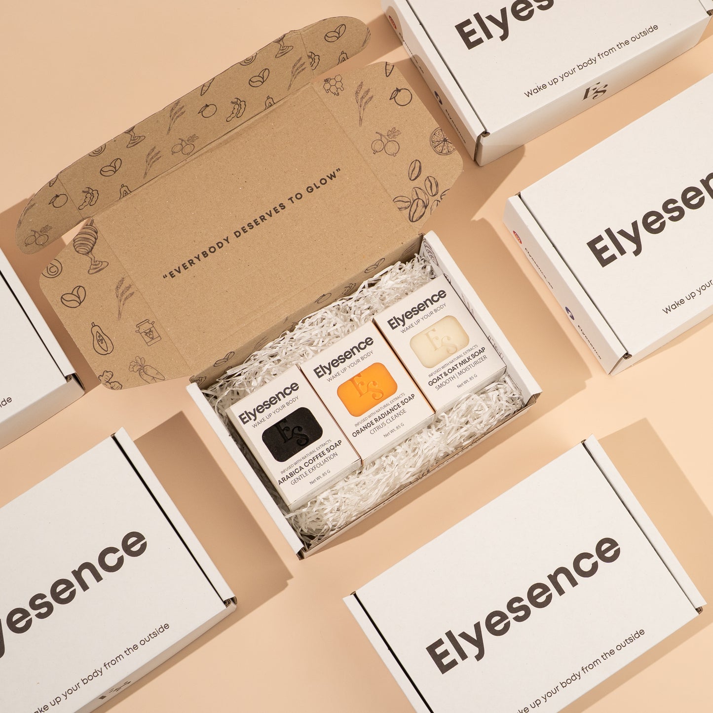 Centered view of open Explorer Box containing Arabica, Orange, and Goat Milk soaps